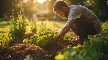 portrait of young man in vegetable garden working outside with land - obrazy, fototapety, plakaty