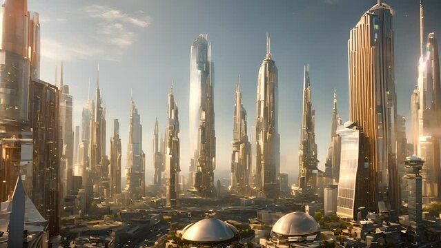 towering skyline Android Utopia mesmerizing sight, with sleek shining skysers made entirely metal glass. streets below bustling with activity humanoid androids move about 2d animation