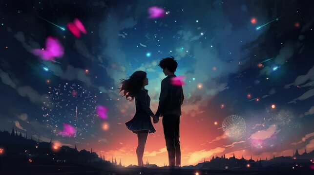 A couple enjoying the atmosphere of New Year's Eve from the top of the hill with a beautiful view of fireworks in the sky, stars and falling meteorites, this image is an illustration