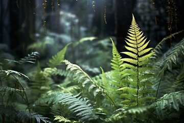 Beautiful green fern leaves in the dark forest,  Selective focus