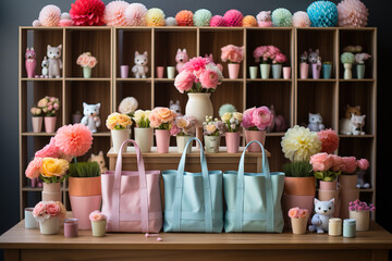 Colorful blooms and pastel tote bags on display with plush toys in the background. - obrazy, fototapety, plakaty