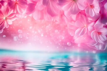 Water background. Pink aqua texture, surface of ripples, transparent, flower, shadows and sunlight.