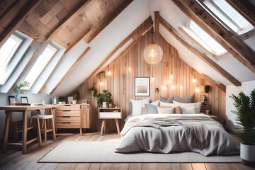 Interior of the cute small attic bedroom with cozy minimal mix scandinavian style