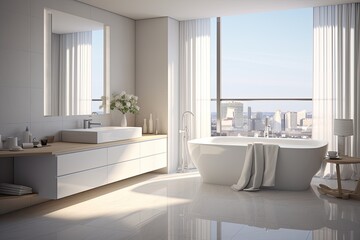 Bathroom with a large window overlooking the city.