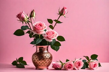 Pink roses in a vase brown metal on a pink background with copy space