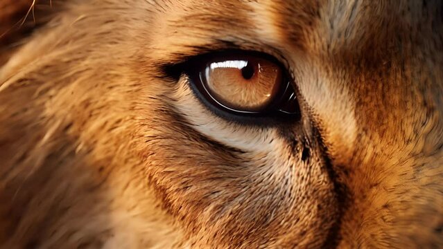 A closeup of a lions powerful and stoic eye, framed by its magnificent whiskers and dark fur.