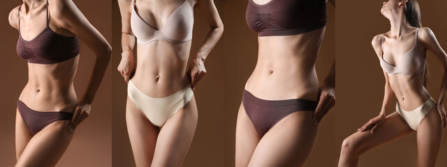 Slim young woman in underwear on brown background