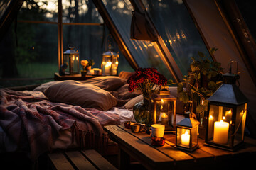 Obraz na płótnie Canvas Cozy glamping setup with warm lanterns and plush bedding in a forest.