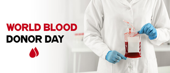 Banner for World Blood Donor Day with doctor holding blood pack for transfusion