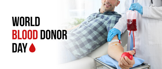 Banner for World Blood Donor Day with young man and nurse