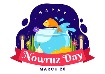 Happy Nowruz Day Vector Illustration. Translation: Persian New Year, on 20 March with Glass, Fish, Ornaments Eggs and Grass Semeni in Flat Background