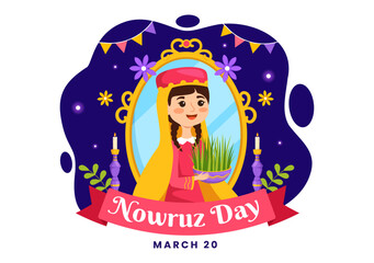 Happy Nowruz Day Vector Illustration. Translation: Persian New Year, on 20 March with Glass, Fish, Ornaments Eggs and Grass Semeni in Flat Background