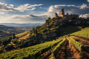 Sunlit castle with vineyards stretching into the distance, under a dynamic sky.