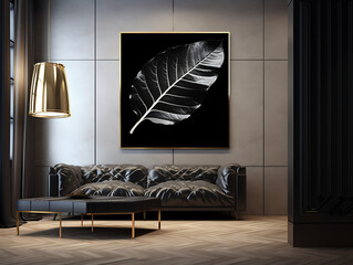 Silver & Black Leaf: Hand-Designed Huge Painting with Light Luxury Interior, Dazzling Contrast of Light and Dark