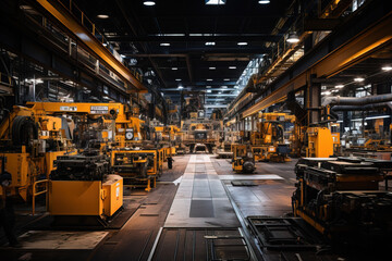 Spacious industrial factory floor with machinery and track lines. - obrazy, fototapety, plakaty