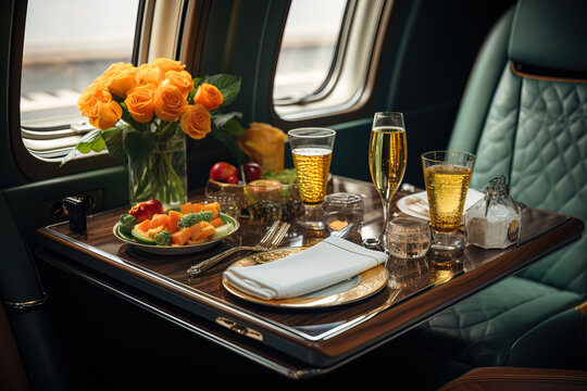 Elegant dining setup on a train with champagne and a scenic window view.