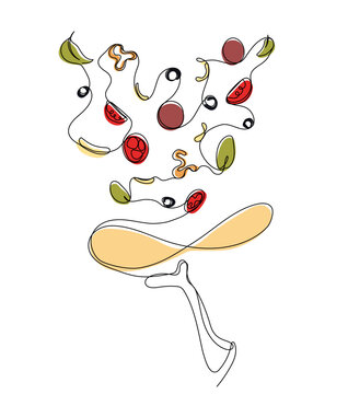recommend clip art: Pizza with flying ingredients in continuous one line art style. Simple vector illustration