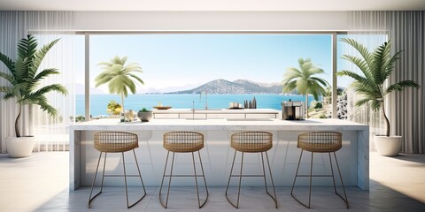 Fototapeta premium a stylish kitchen with a white bar island, chairs, kitchenware, and tropical panoramic window.