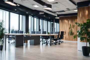 The interior decoration of a modern and stylish office space, white chairs and tables, with good lighting