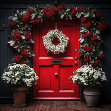 A Christmas wreath hanging on a red doorTo see more holiday images click on the link below: