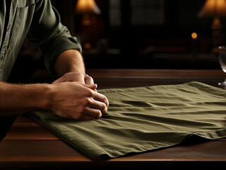 Precision in Craft: Hand Folding Fabric on Table - Close-Up Shot, High Quality, Photo Realistic