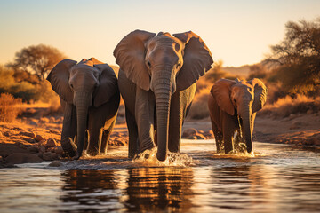 Herd of elephants wading through a river at sunset, with the lead elephant facing the camera.