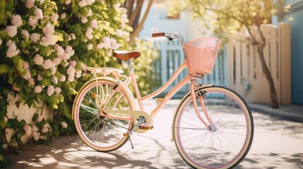A pastel peach colored bicycle parked outside