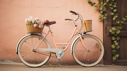 Fototapeta na wymiar Vintage Charm: A Cream-Colored Bicycle with a Basket of Flowers Against a Light Brown Wall
