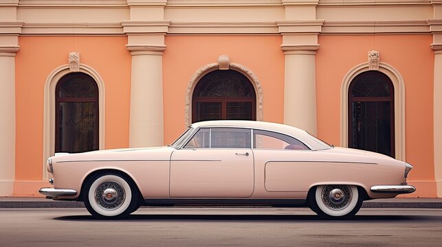 Fototapeta Vintage Car Parked by Peach-Colored Building