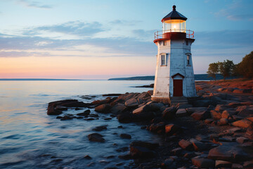 Obraz premium Tranquil sunset with a white lighthouse on a rocky shore, guiding light shining.