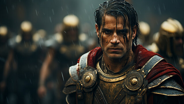 Portrait of a medieval knight in armor in the rain on the battlefield,Generative AI