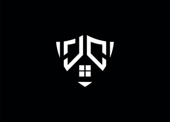 Real estate letter JC shield shape logo and house building vector template