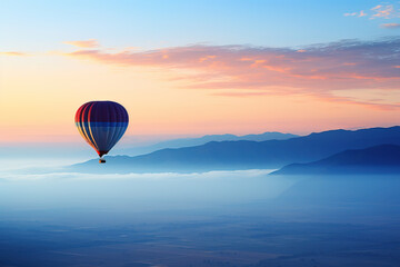 Obraz premium Hot air balloon soaring over a sea of clouds at sunrise with mountain silhouettes.