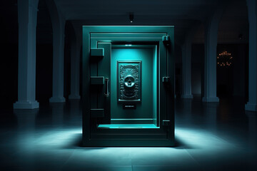An illuminated high-security vault door in a dark room, symbolizing wealth protection and financial safety. - obrazy, fototapety, plakaty