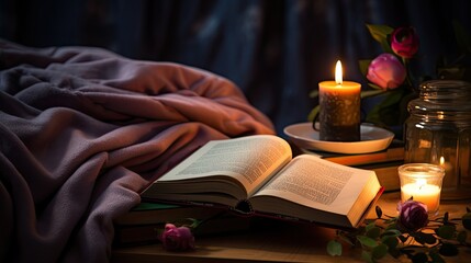 Obraz na płótnie Canvas Evening relaxation: book, music, candle, cozy blanket