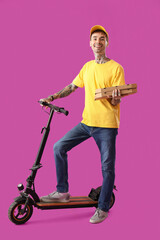 Male worker of food delivery service with tasty pizza and kick scooter on purple background