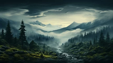 Fotobehang 静かな霧のかかる山林の風景 © shin project