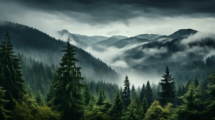 静かな霧のかかる山林の風景