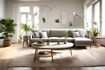 A small living room with a sectional sofa, a coffee table with a potted plant, and a soft rug, exuding simplicity and comfort.
