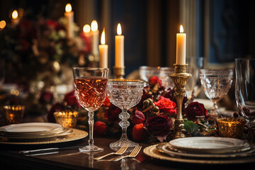 A luxurious dinner table set with lit candles, wine glasses, golden tableware, and red roses, conveying a warm, romantic ambiance. - obrazy, fototapety, plakaty