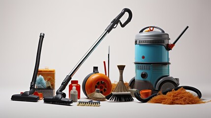 Household chores: vacuum cleaner, mop, broom, dustpan