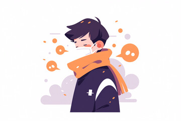 Boy wearing a mask when he has a cold in winter, concept illustration of coronavirus fever