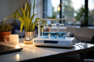 A home water purification system with glass carafes on a kitchen countertop during dusk.