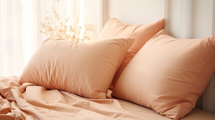 Fototapeta na wymiar Pastel peach colored pillowcases on a bed