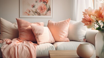 Pastel peach throw pillows on a cozy sofa