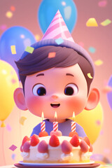 Illustration of a scene of a child eating a birthday cake on his birthday, a 3D rendering illustration of a birthday party