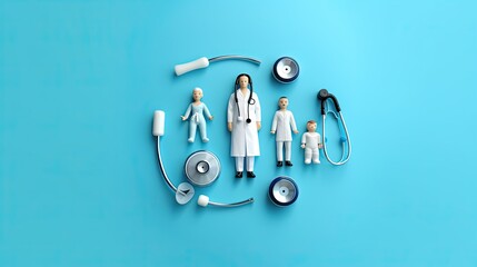 Top view of medical stethoscope and icon family on cyan background