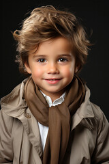 Fashionable child in leather coat.little boy hairstyle. Autumn fashion.funny smiling kid