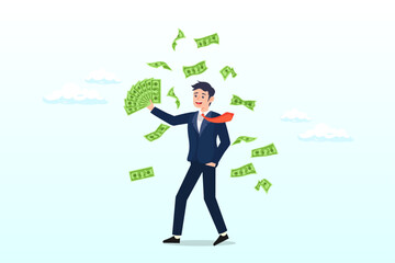 Happy businessman millionaire holding easy money banknotes as financial success, earn money make profit from investment, savings, income or salary increase, get rich and earn more wealth (Vector)