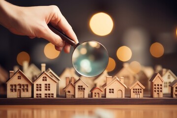 Magnifying glass on house model, real estate selection concept. - obrazy, fototapety, plakaty
